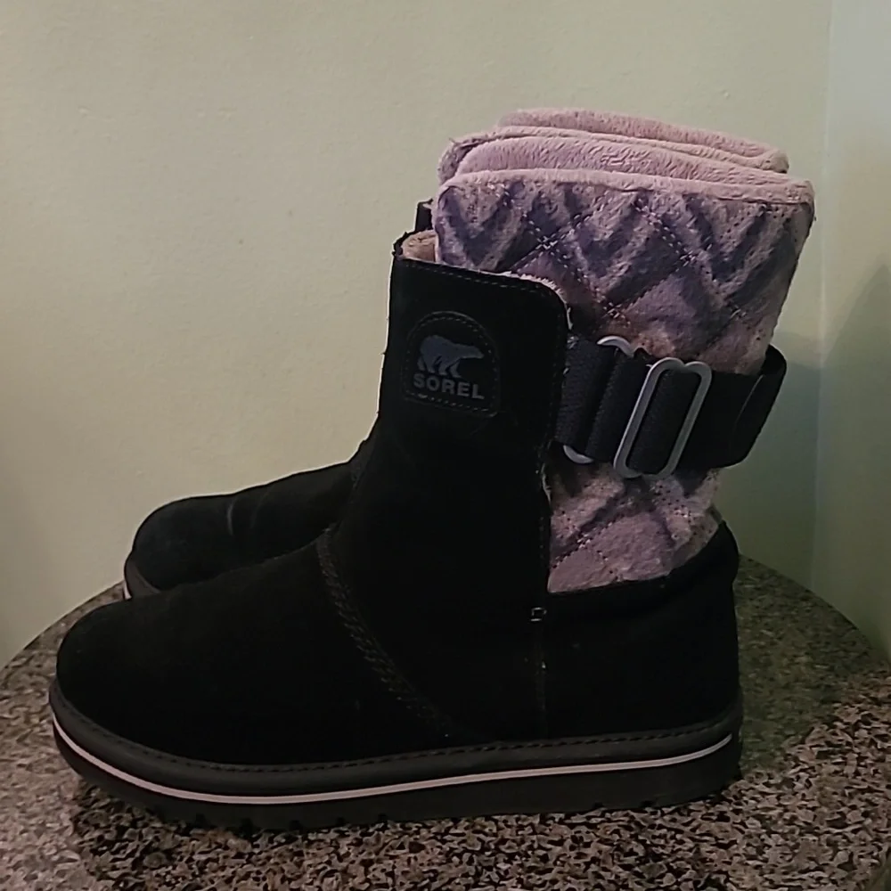 Sorel Newbie Short Boots Black Water-resistant Suede Leather Wmn 8.5 Winter Gray